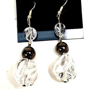 Clear Twisted Bead Drop Earrings w/ Dark Grey Accent Modern Statement Dangle